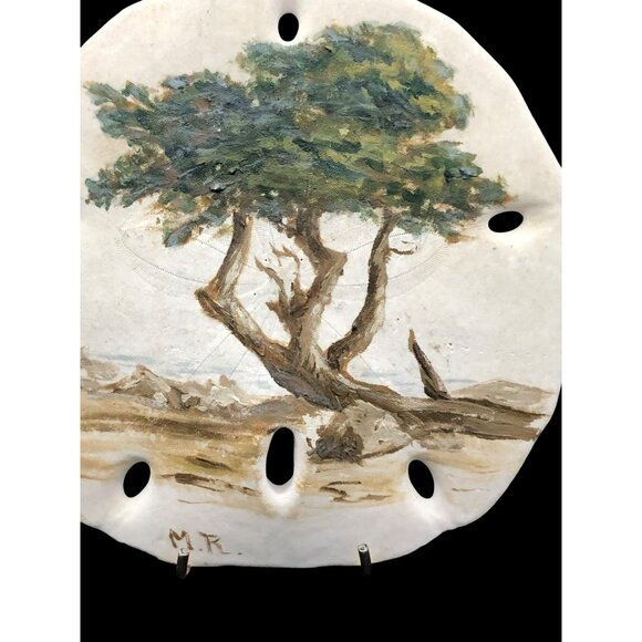 Hand-Painted Sand Dollar Art Monterey Cypress 4.5 x 5 In. Signed By Artist M.R. - Picture 2 of 8